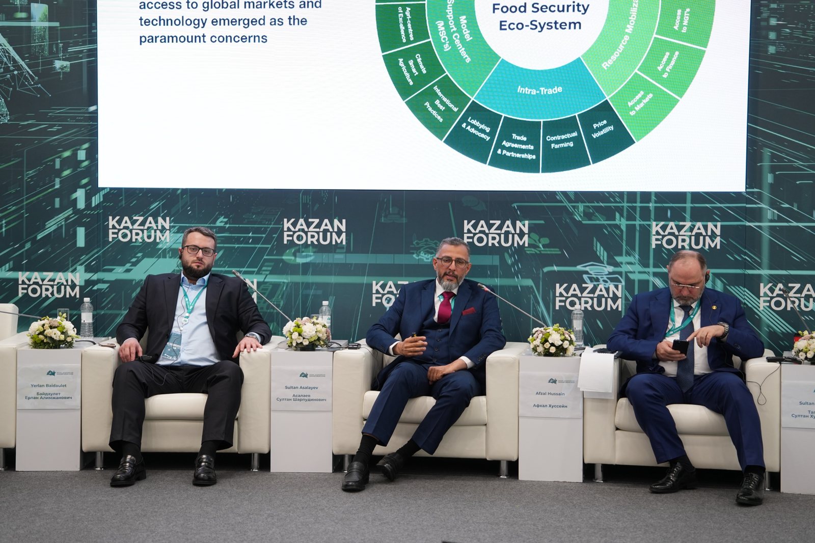 Afzal speaking on a KazanForum 2025 panel in front of the Food Security Eco-System slide